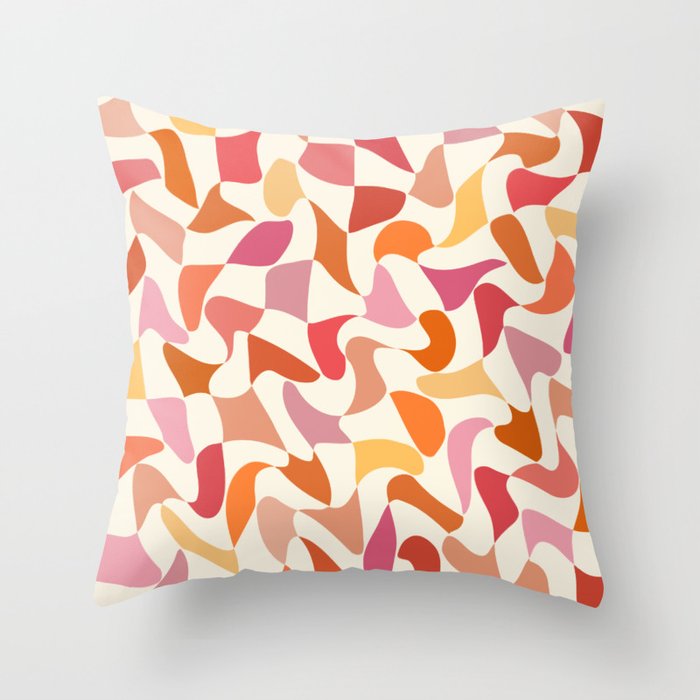 Abstract Wavy Checkerboard in Orange, Pink & Yellow Throw Pillow Gallery Image 1