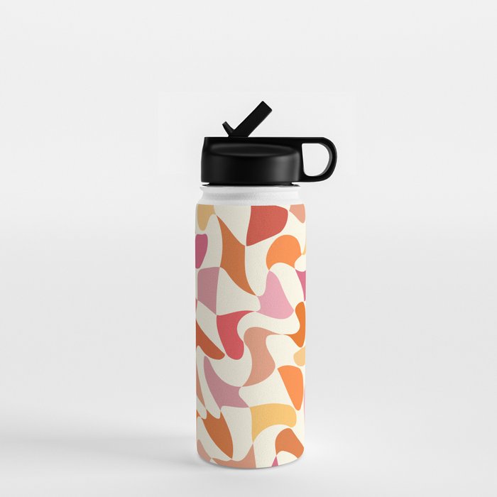 Abstract Wavy Checkerboard in Orange, Pink & Yellow Water Bottle Gallery Image 1