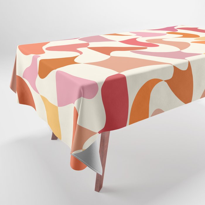 Abstract Wavy Checkerboard in Orange, Pink & Yellow Tablecloth Gallery Image 1