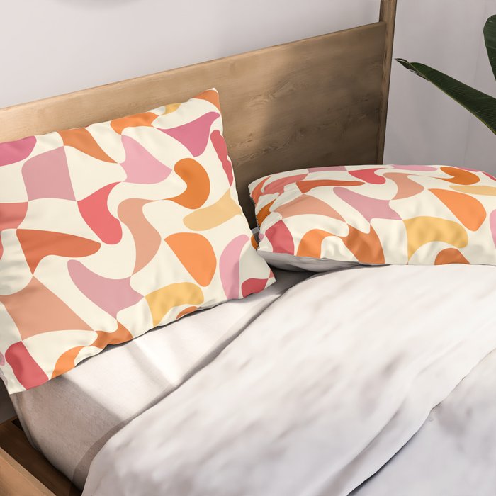 Abstract Wavy Checkerboard in Orange, Pink & Yellow Pillow Sham Gallery Image 2