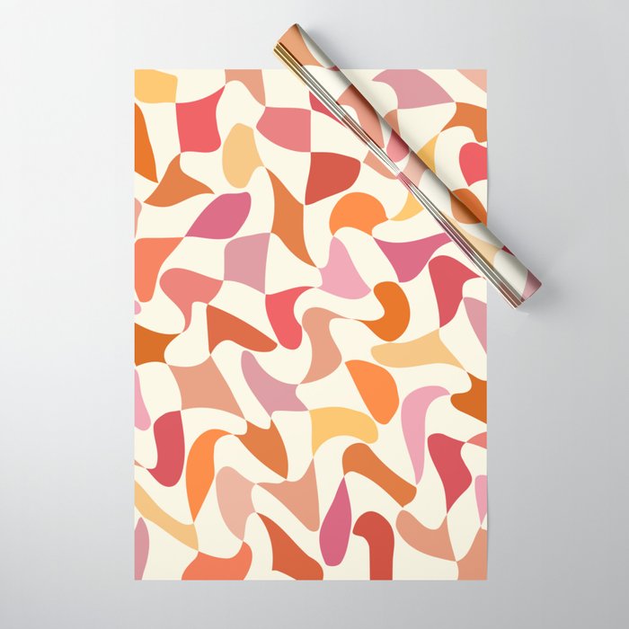Abstract Wavy Checkerboard in Orange, Pink & Yellow Wrapping Paper Gallery Image 1