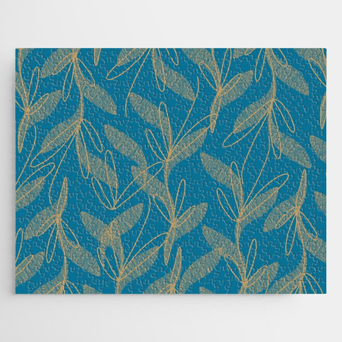 Retro Botanical Pattern in Gold and Peacock Blue Jigsaw Puzzle Gallery Image 1