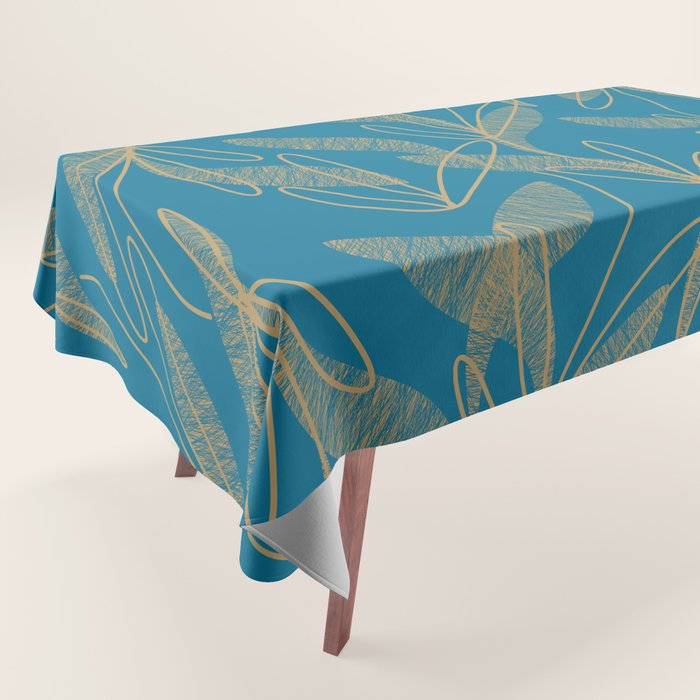 Retro Botanical Pattern in Gold and Peacock Blue Tablecloth Gallery Image 1