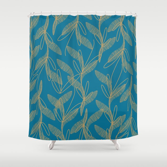 Retro Botanical Pattern in Gold and Peacock Blue Shower Curtain Gallery Image 1