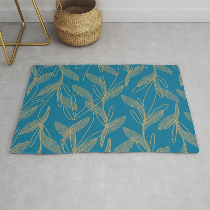 Retro Botanical Pattern in Gold and Peacock Blue Rug Gallery Image 1