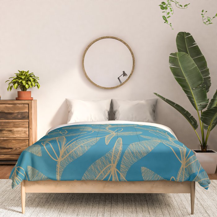 Retro Botanical Pattern in Gold and Peacock Blue Comforter Gallery Image 3
