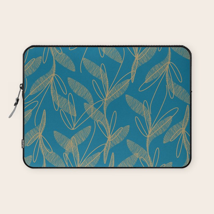Retro Botanical Pattern in Gold and Peacock Blue Laptop Sleeve Gallery Image 1
