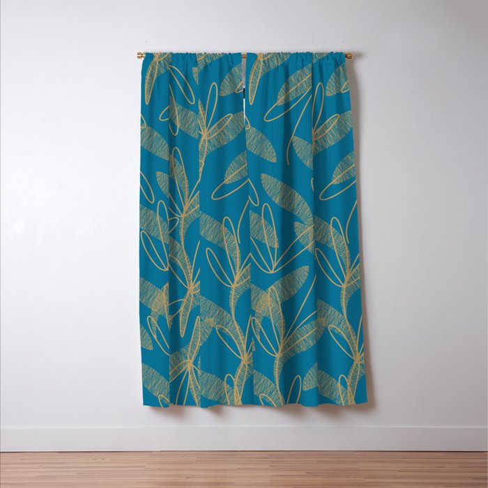Retro Botanical Pattern in Gold and Peacock Blue Window Curtain Gallery Image 3