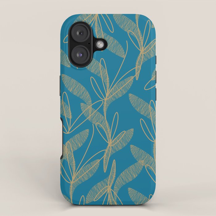 Retro Botanical Pattern In Gold And Peacock Blue Iphone Case
