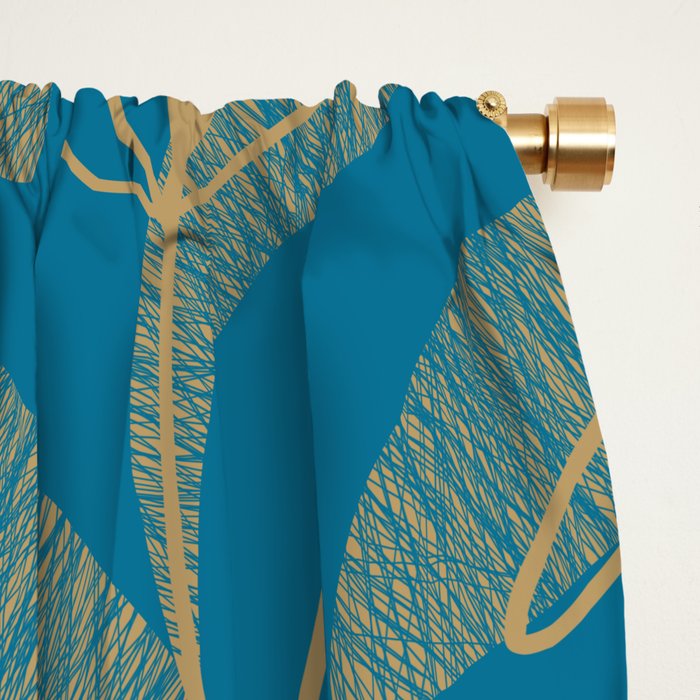 Retro Botanical Pattern in Gold and Peacock Blue Window Curtain Gallery Image 2
