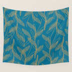 Retro Botanical Pattern in Gold and Peacock Blue Wall Tapestry Gallery Image 4