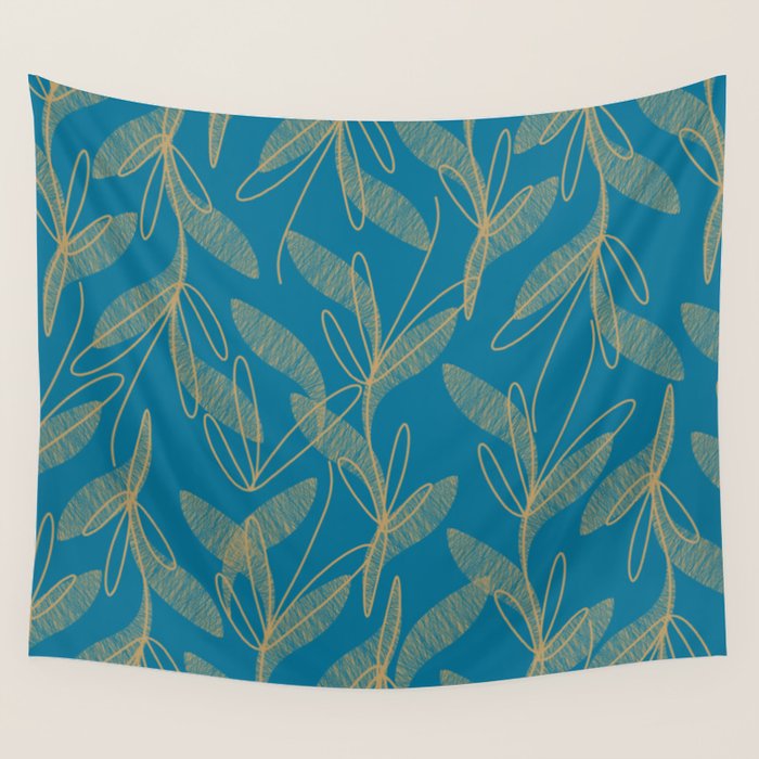 Retro Botanical Pattern in Gold and Peacock Blue Wall Tapestry Gallery Image 4