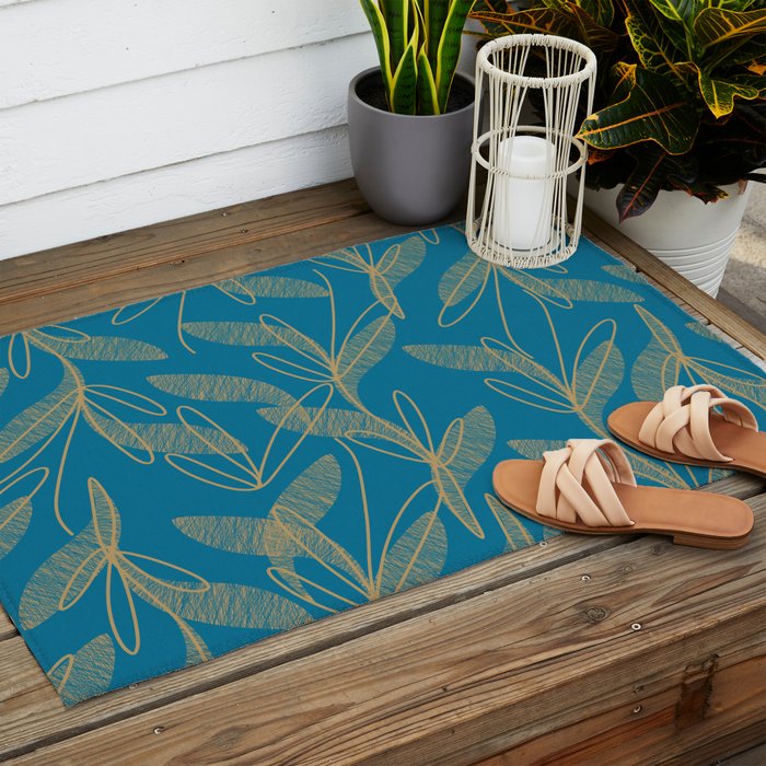 Retro Botanical Pattern in Gold and Peacock Blue Outdoor Rug Gallery Image 2