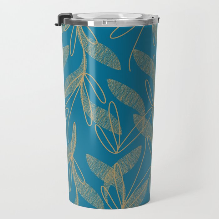 Retro Botanical Pattern in Gold and Peacock Blue Travel Mug Gallery Image 3