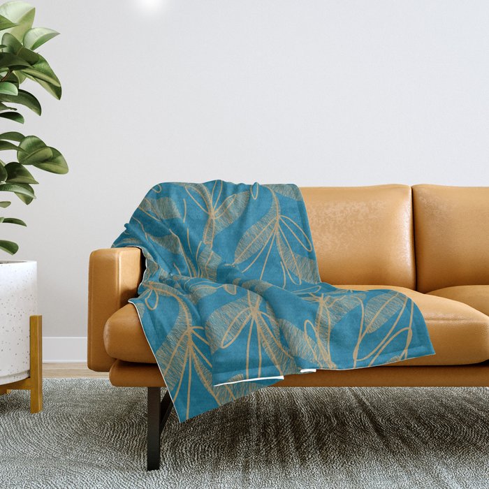 Retro Botanical Pattern in Gold and Peacock Blue Throw Blanket Gallery Image 1