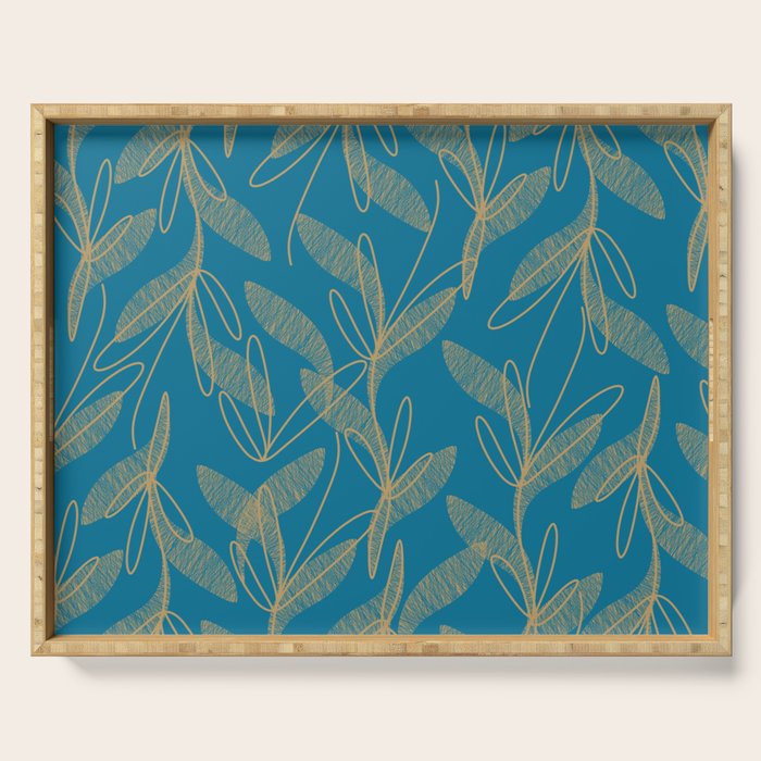 Retro Botanical Pattern in Gold and Peacock Blue Serving Tray Gallery Image 1