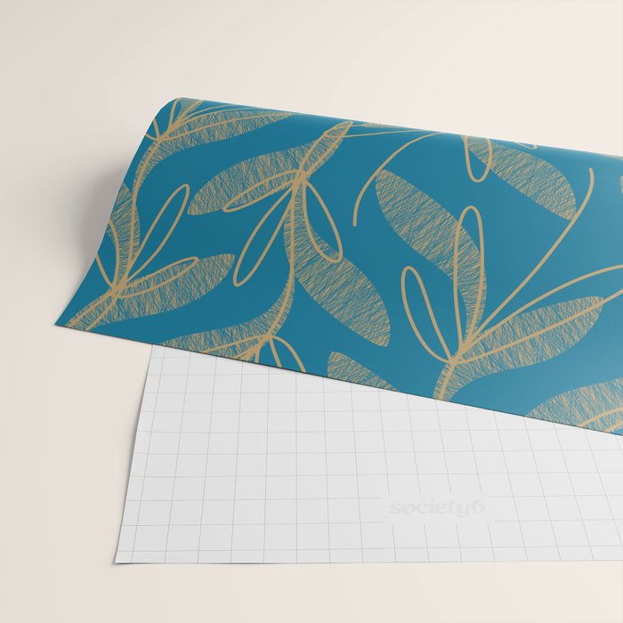 Retro Botanical Pattern in Gold and Peacock Blue Wrapping Paper Gallery Image 2
