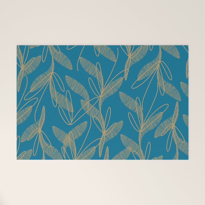Retro Botanical Pattern in Gold and Peacock Blue Welcome Mat Gallery Image 1