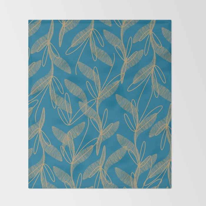 Retro Botanical Pattern in Gold and Peacock Blue Throw Blanket Gallery Image 2