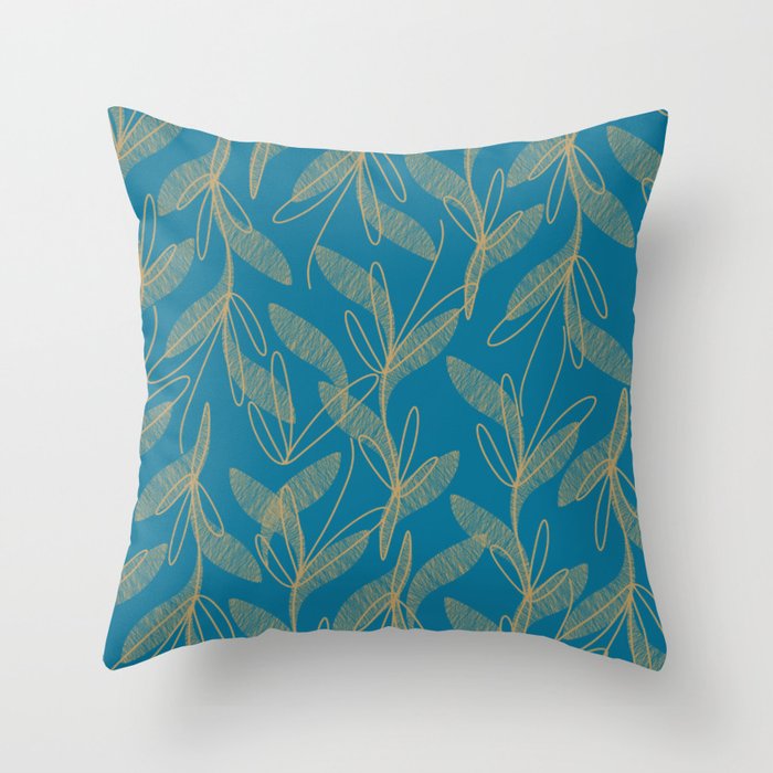 Retro Botanical Pattern in Gold and Peacock Blue Throw Pillow Gallery Image 1