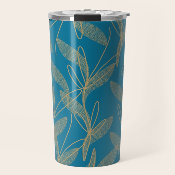 Retro Botanical Pattern in Gold and Peacock Blue Travel Mug Gallery Image 1