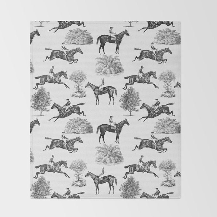 Horse Racing Black and White Toile Pattern  Throw Blanket Gallery Image 2