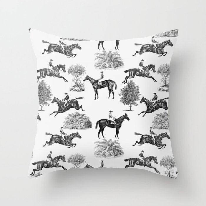 Horse Racing Black and White Toile Pattern  Throw Pillow Gallery Image 6