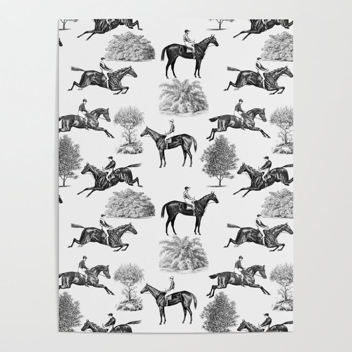 Horse Racing Black and White Toile Pattern  Poster Gallery Image 4