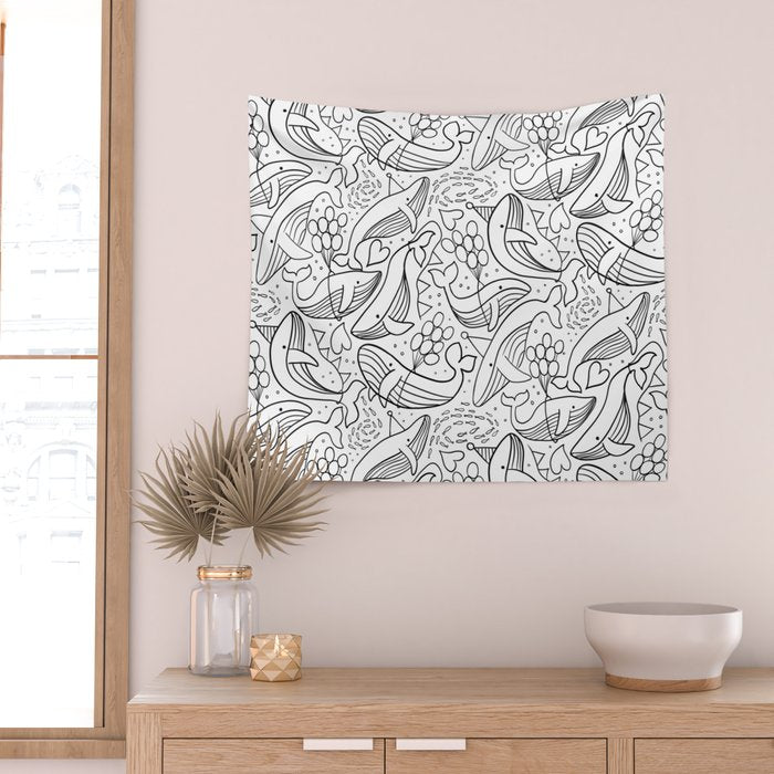 Humpback Whales Black And White Pattern Wall Tapestry Gallery Image 2