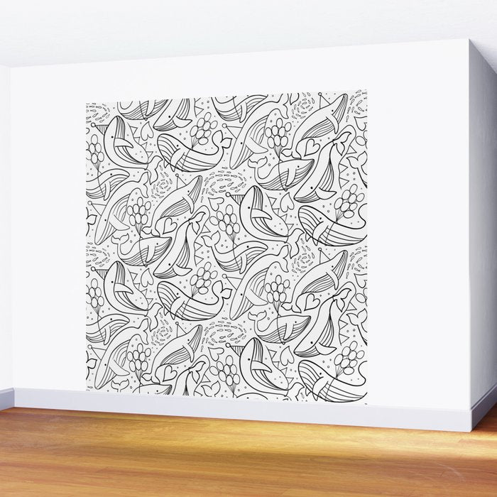 Humpback Whales Black And White Pattern Wall Mural Gallery Image 2
