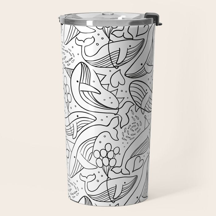 Humpback Whales Black And White Pattern Travel Mug Gallery Image 2