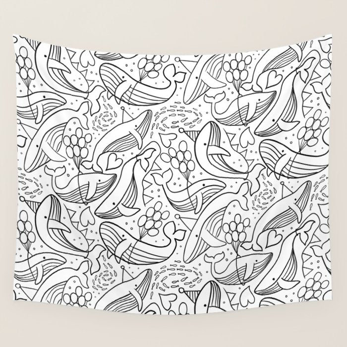 Humpback Whales Black And White Pattern Wall Tapestry Gallery Image 4