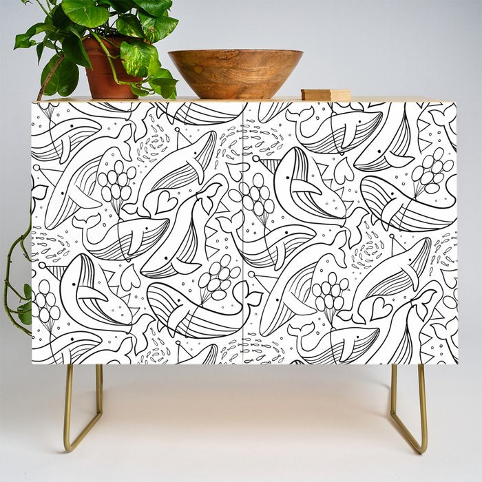 Humpback Whales Black And White Pattern Credenza Gallery Image 1
