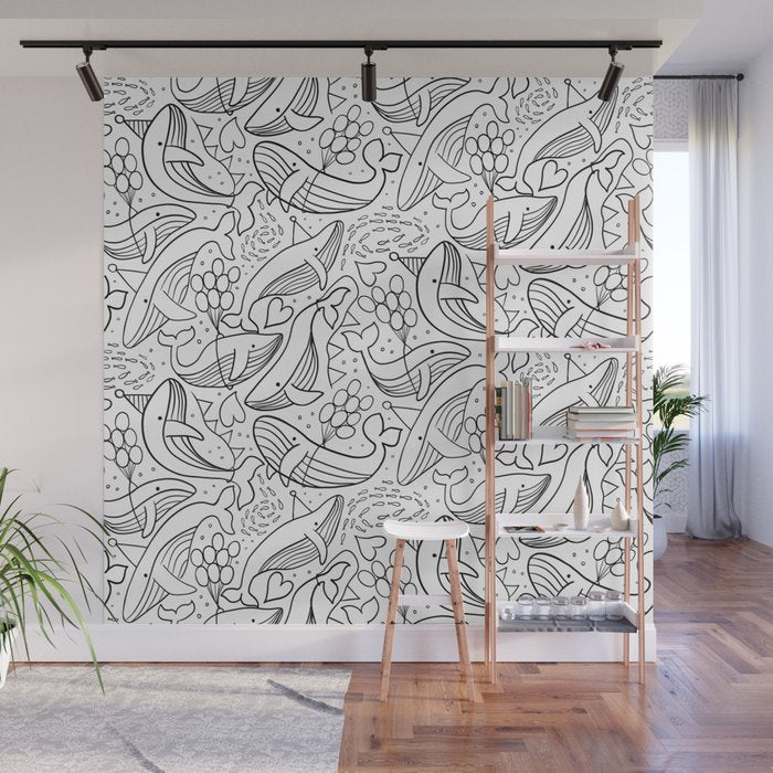 Humpback Whales Black And White Pattern Wall Mural Gallery Image 1