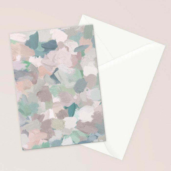 Fuzzy Flowers I - Mint Seafoam Green Dusty Rose Blush Pink Abstract Nature Spring Painting Print Stationery Card Gallery Image 2