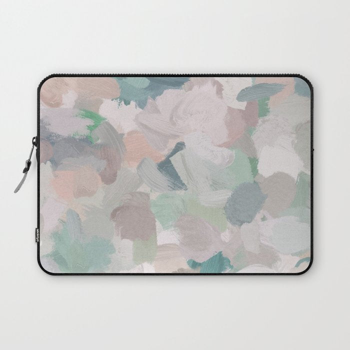 Fuzzy Flowers I - Mint Seafoam Green Dusty Rose Blush Pink Abstract Nature Spring Painting Print Laptop Sleeve Gallery Image 1