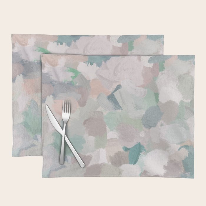 Fuzzy Flowers I - Mint Seafoam Green Dusty Rose Blush Pink Abstract Nature Spring Painting Print Placemat Gallery Image 1