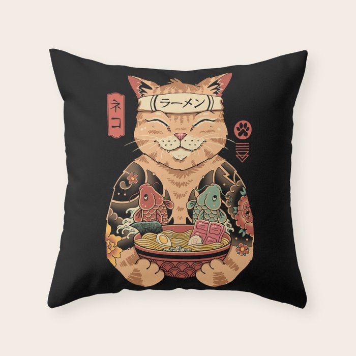Cat Ramen Throw Pillow Gallery Image 1