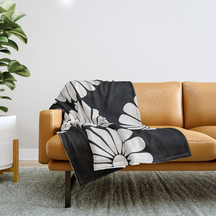 Retro Daisy Abstract II Black and White Bold Floral Throw Blanket Gallery Image 1