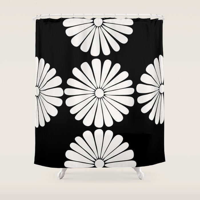 Retro Daisy Abstract II Black and White Bold Floral Shower Curtain Gallery Image 1