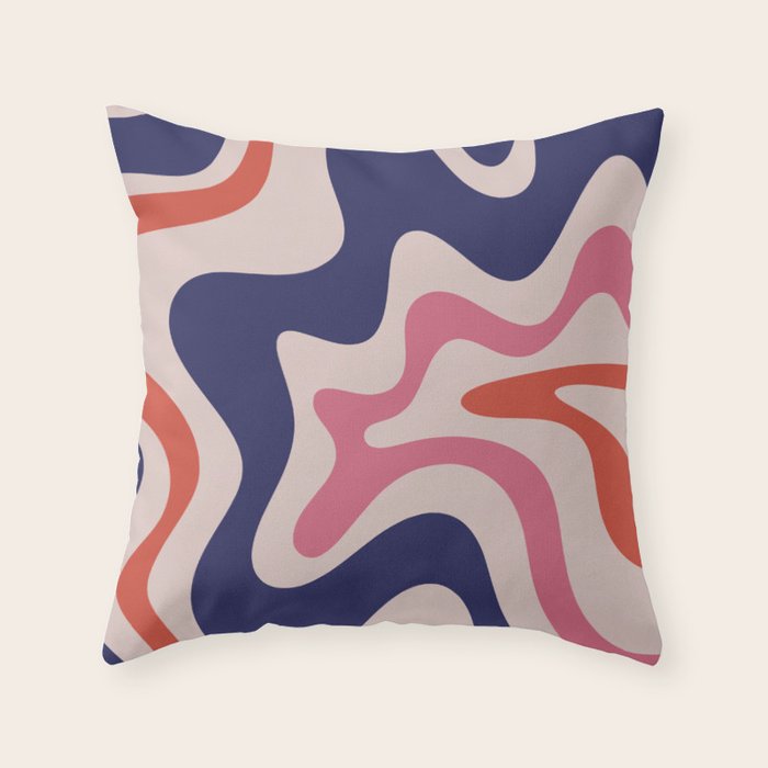 Retro Liquid Swirl Abstract Pattern Square Navy Blue Pink Red-Orange Throw Pillow Gallery Image 6