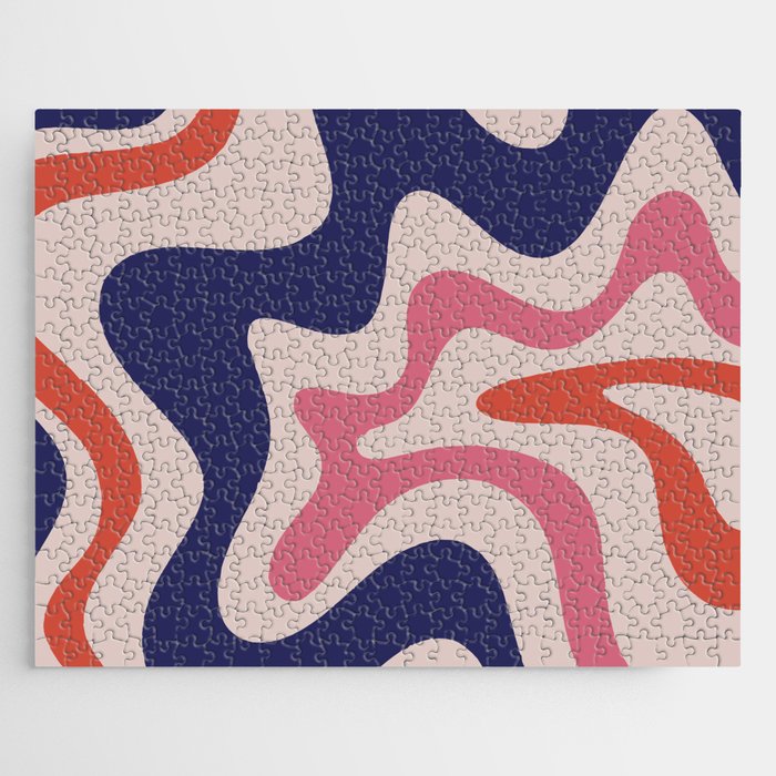Retro Liquid Swirl Abstract Pattern Square Navy Blue Pink Red-Orange Jigsaw Puzzle Gallery Image 1