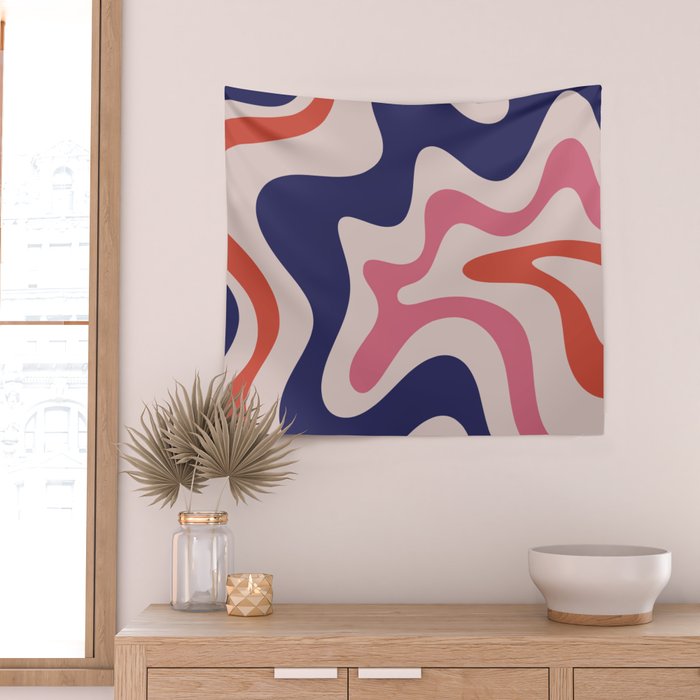Retro Liquid Swirl Abstract Pattern Square Navy Blue Pink Red-Orange Wall Tapestry Gallery Image 2