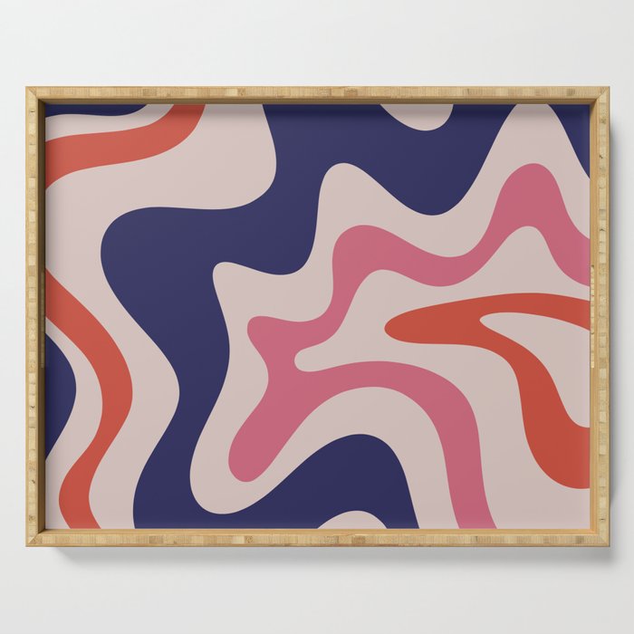 Retro Liquid Swirl Abstract Pattern Square Navy Blue Pink Red-Orange Serving Tray Gallery Image 1