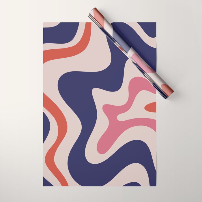 Retro Liquid Swirl Abstract Pattern Square Navy Blue Pink Red-Orange Wrapping Paper Gallery Image 1