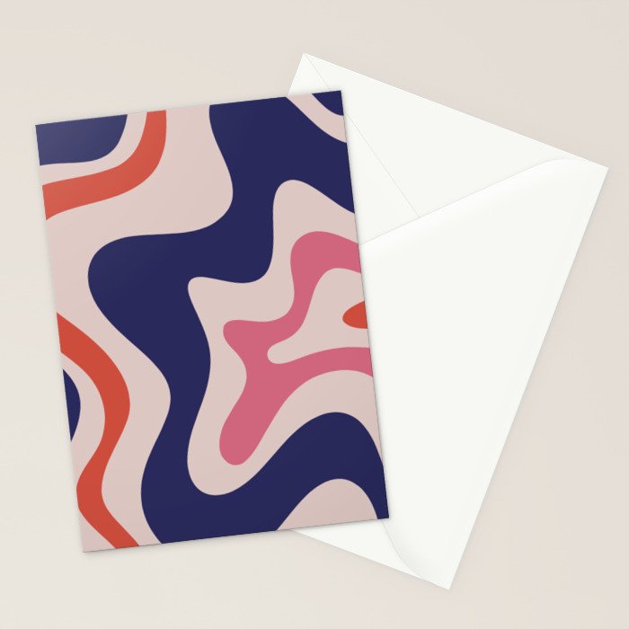 Retro Liquid Swirl Abstract Pattern Square Navy Blue Pink Red-Orange Stationery Card Gallery Image 2