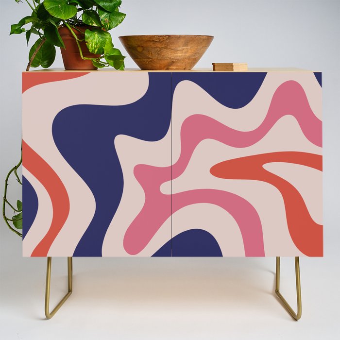 Retro Liquid Swirl Abstract Pattern Square Navy Blue Pink Red-Orange Credenza Gallery Image 1