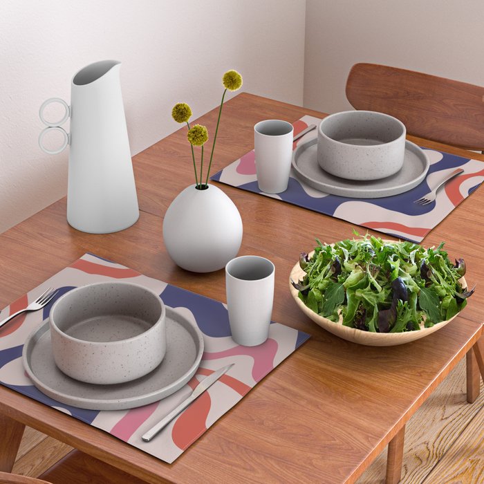 Retro Liquid Swirl Abstract Pattern Square Navy Blue Pink Red-Orange Placemat Gallery Image 2
