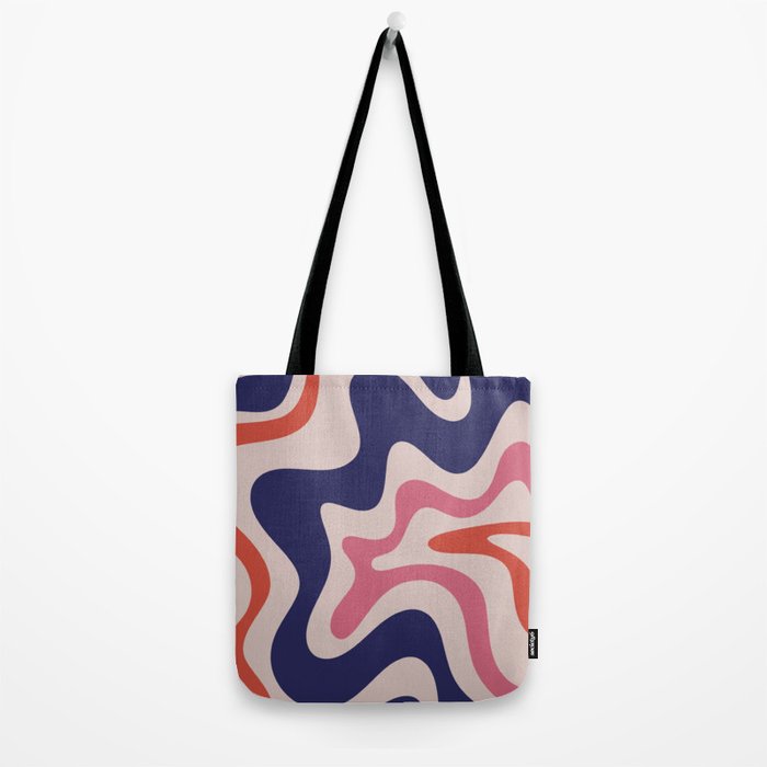 Retro Liquid Swirl Abstract Pattern Square Navy Blue Pink Red-Orange Tote Bag Gallery Image 2