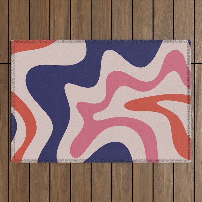 Retro Liquid Swirl Abstract Pattern Square Navy Blue Pink Red-Orange Outdoor Rug Gallery Image 1